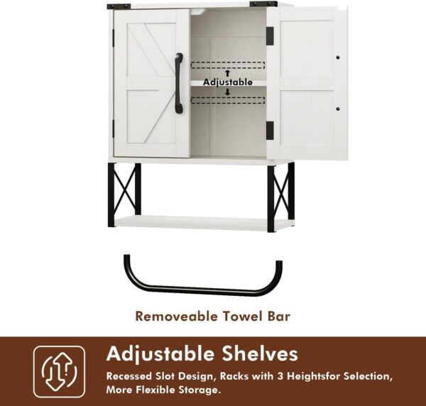 RUSTOWN Farmhouse Rustic Medicine Cabinet with Two Barn Door,Wood Wall Mounted Storage Cabinet with Adjustable Shelf and Towel Bar, 3-Tier Cabinet for Bathroom, Living Room(Vintage White)