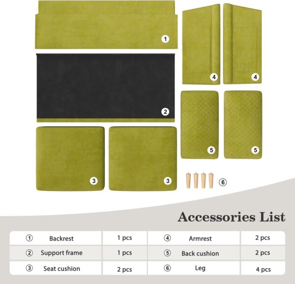 Vesgantti 65" Green Loveseat, Comfy Mid-Century Modern 2-Seat Sofa, No-Tool Assembly Small Couch for Living Room & Bedroom