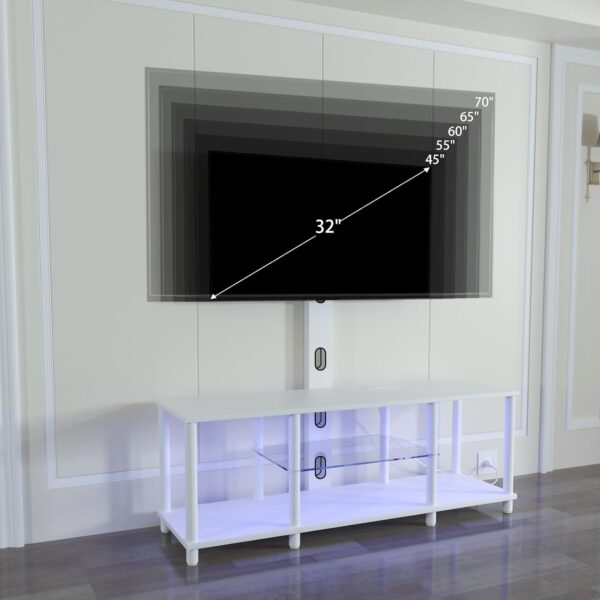White TV Stand with Power Outlets, Led Light, Mount for 32-70 Inch TV, Entertainment Center with Open Storage Shelf for Bedroom/Living Room/Office