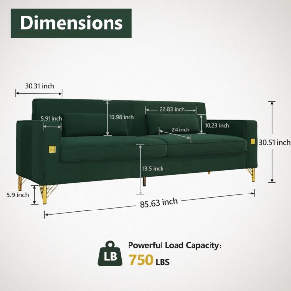 85.63'' Mid-Century Modern Green Velvet Sofa Couch with Metal Gold Legs, 3 Seater Tufted Loveseat Couches with 2 Lumbar Pillows for Living Room and Apartment