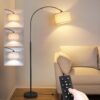 Arc Floor Lamp with Remote, Modern Standing Lamp for Living Room with Stepless Dimmable Bulb, Drum Shade, Foot Switch, Tall Floor Lamp for Farmhouse Bedroom Night Stand (Black)