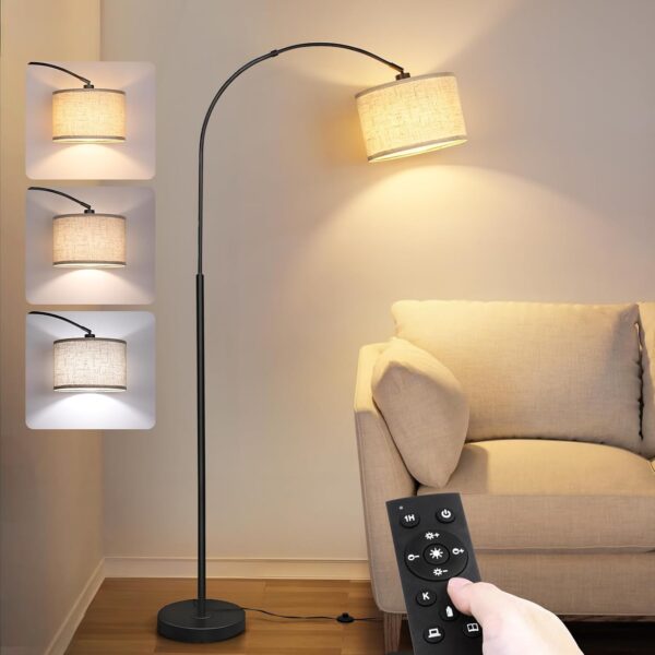 Arc Floor Lamp with Remote, Modern Standing Lamp for Living Room with Stepless Dimmable Bulb, Drum Shade, Foot Switch, Tall Floor Lamp for Farmhouse Bedroom Night Stand (Black)