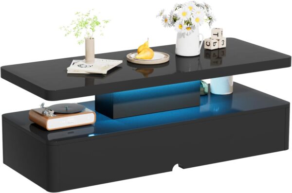 oneinmil Modern Stylish Coffee Table with 16 Colors LED Lights, Double-Layer Design for Living Room, Black