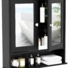 RELAX4LIFE Wall Bathroom Cabinet with Mirror - Wood Over The Toilet Storage Cabinet Space Saver w/2 Doors, Adjustable Shelf & Open Compartment, Modern Wall Mount Medicine Cabinet (Black)