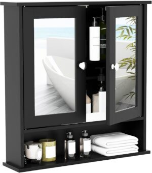 RELAX4LIFE Wall Bathroom Cabinet with Mirror - Wood Over The Toilet Storage Cabinet Space Saver w/2 Doors, Adjustable Shelf & Open Compartment, Modern Wall Mount Medicine Cabinet (Black)