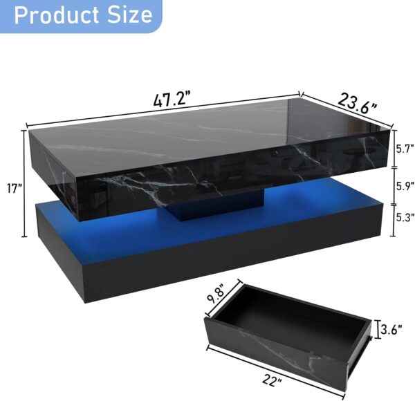 47inch Large High-Glossy LED Coffee Table with 2 Sliding Drawers, Living Room Storage Tables with Marbling Print, Modern Stylish Double-Layer Center Tables w/LED Lights, Black