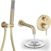 AZOS Wall Mounted Bathtub Faucet with Handheld Shower, High Flow Rate Tub Filler Faucet Set with 360° Swivel Spout Fixtures, Brushed Gold Waterfall Tub Faucets