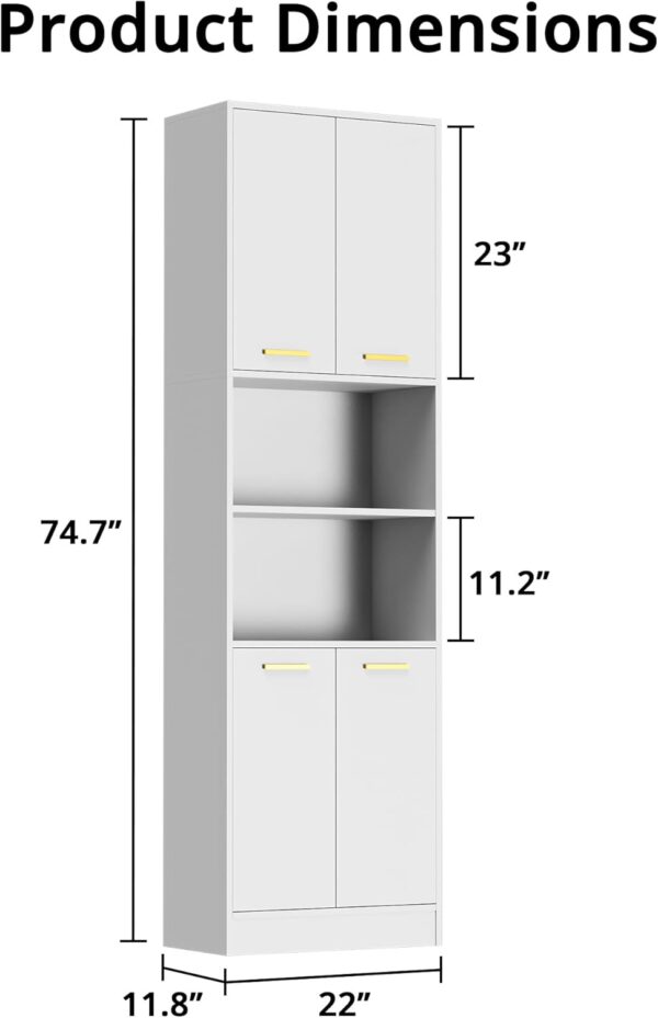 Cozy Castle Kitchen Pantry Cabinet, 75" Tall Wood Storage Cabinet with Doors and Shelves, 4 Doors Open Countertop Utility Hutch Cupboard for Dining Room Living Room Bathroom Furniture, White