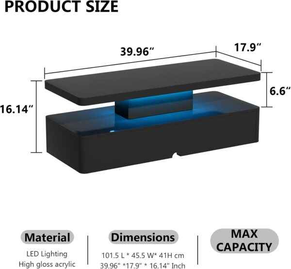 oneinmil Modern Stylish Coffee Table with 16 Colors LED Lights, Double-Layer Design for Living Room, Black