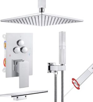 VANFOXLE Shower Faucets Sets Complete Chrome Shower System with Tub Spout Push Button Diverter Shower Faucet Fixtures with 2 in 1 Handheld, 10 Inch Shower Head(Rough-in Valve Body and Trim)