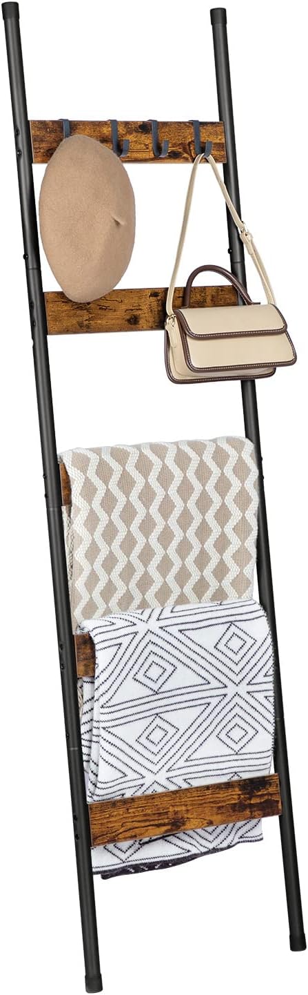 HOOBRO Blanket Ladder, 5-Tier Towel Rack with Hooks, Wall-Leaning Blanket Rack, Decorative Display Ladder Shelf, Scarves, Industrial, Living Room, Bedroom, Rustic Brown and Black BF52CJ01