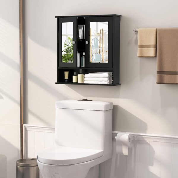 RELAX4LIFE Wall Bathroom Cabinet with Mirror - Wood Over The Toilet Storage Cabinet Space Saver w/2 Doors, Adjustable Shelf & Open Compartment, Modern Wall Mount Medicine Cabinet (Black)