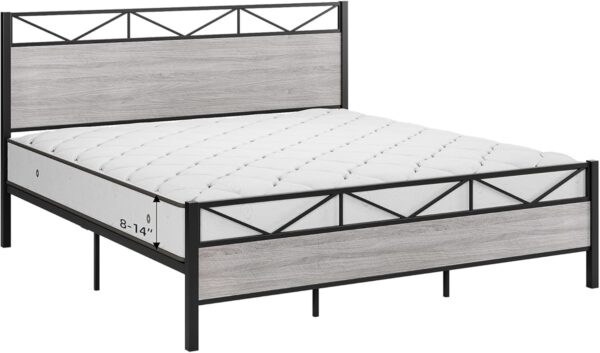 Queen Size Bed Frame with Headboard, Industrial Platform Queen Bed Frame with 14 Strong Metal Slats Support, 11'' Under-Bed Storage, No Noise, Easy Assembly, Light Grey