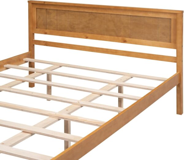 P PURLOVE Queen Size Bed Frame,Solid Wood Platform Bed with Headboard,No Box Spring Needed,Oak