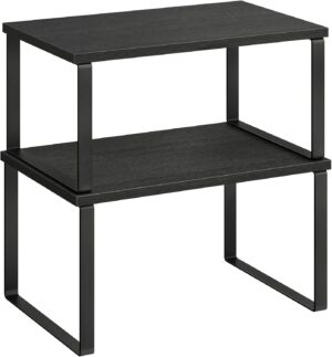 SONGMICS Cabinet Organizer Shelf, Set of 2 Kitchen Counter Shelves, Kitchen Storage, Spice Rack, Stackable, Expandable, Metal and Engineered Wood, Ink Black and Ebony Black UKCS02B01