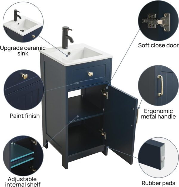 ALBAD 16-Inch Modern Bathroom Vanity with Sink, Compact Bathroom Vanity Set with Storage, Freestanding Small Space Bath Cabinet, Single Sink Cabinet with Adjustable Shelf (Navy Blue, 16 Inch)