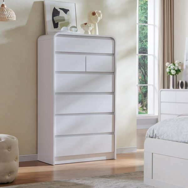 Modern 7 Drawers Dresser for Bedroom, 55" Tall Dressers & Chest of Drawers w/Curved Profile Design, Wood Mid Century Vertical Storage Dressers Organizer for Bedroom, Living Room, White