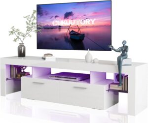 61wow0neqaL._AC_SL1500_.jpg Clikuutory Modern LED 63 inch Long TV Stand with Large Storage Drawer for 50 55 60 65 70 75 Inch TVs, White Wood TV Console with High Glossy Entertainment Center for Living Room, Bedroom, White