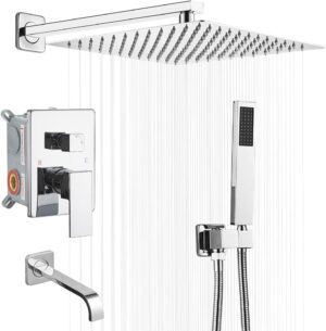 Chrome Shower System Bathroom Shower Faucet Set with Tub Spout Wall Mounted 12 Inch Shower Head and Handle Set with Handheld 3 Function Tub and Shower Trim Kit with Rough-in Valve