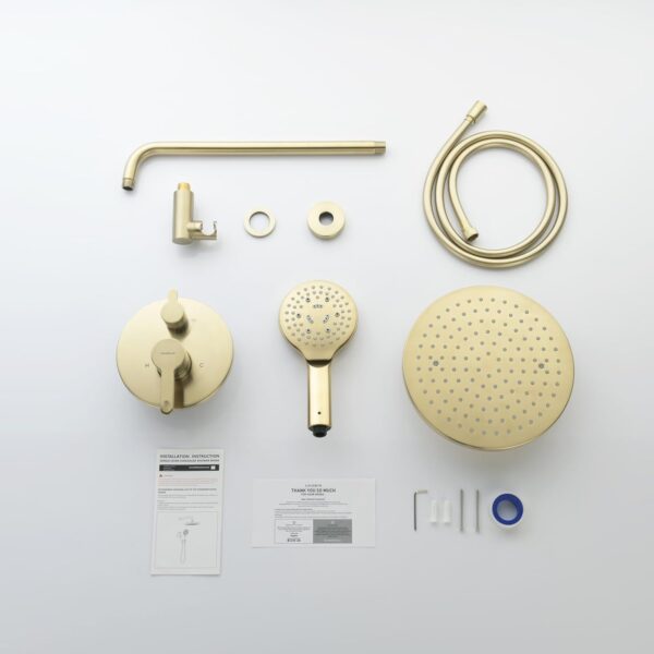 Brushed Gold Shower Faucet Set, Wall Mount Rain Shower System 10 Inches, and Handheld Shower Head Combination, Included Rough-in Valve and Trim Kit
