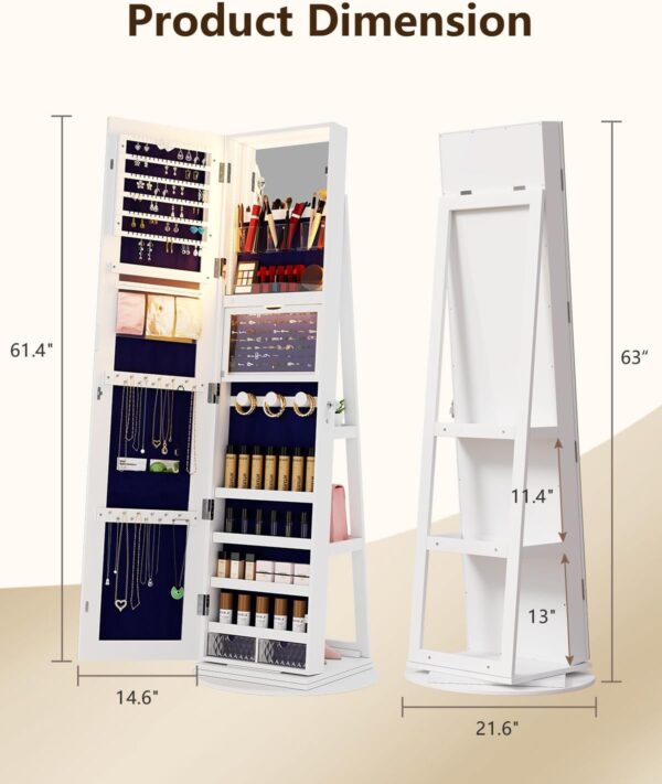 360° Rotating Jewelry Cabinet with LED Lights, 63" H Full Length Mirror with Jewelry Storage, Standing Jewelry Armoire with Door Mirror, Jewelry Organizers for Christmas Gift (White)