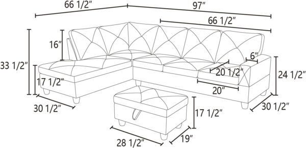 L Shaped Couch Modern Couches for Living Room Faux Leather 3 Pieces Modular Sectional Sofa with Storage Ottoman and Back Cushions for Reception Room and Apartment, Ginger
