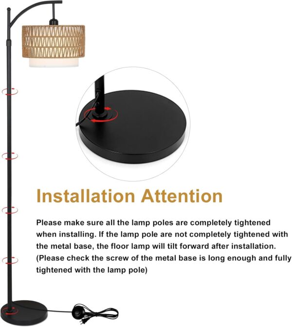 Arc Floor Lamp for Living Room with 3 Color Temperatures, Farmhouse Floor Lamps with Remote & Dimmable Bulb, Boho Standing Lamp with Rattan & Fabric Shades, Adjustable Tall Lamp for Bedroom, Office
