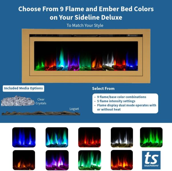 Touchstone Sideline Deluxe -Gold Smart Electric Fireplace- 50" Wide- Alexa/WiFi-Enabled- in Wall Recessed- 5 Flame Settings- 9 Flame Colors- 1,500W Heater- Log & Crystal Options- 86275