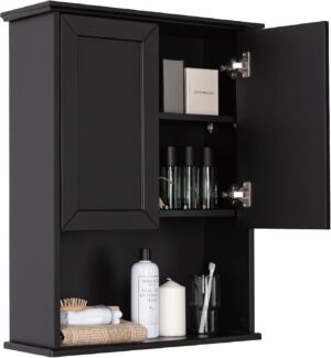 Black Bathroom Cabinet 23x29 inch Wooden Medicine Cabinet with 2 Doors and Adjustable Shelf, Wall Mounted Over Toilet Storage
