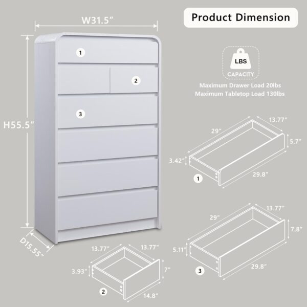 Modern 7 Drawers Dresser for Bedroom, 55" Tall Dressers & Chest of Drawers w/Curved Profile Design, Wood Mid Century Vertical Storage Dressers Organizer for Bedroom, Living Room, White