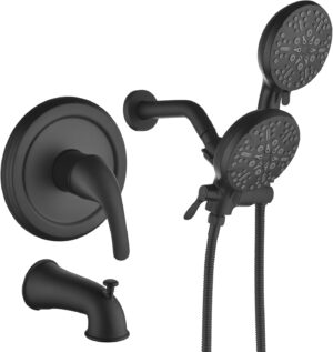 Tub and Shower Faucet Set Dual Shower System with Tub Spout Shower Tub Kit Dual Shower Head and Handheld with Valve Shower Dual Fixtures Tub and Shower Trim Kit Combo Set Matte Black