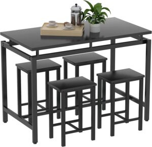 MIERES 5 Piece Person Kitchen Chairs 4, Industrial Bar, Counter Height Dining Room Table Set for Small Spaces, Black