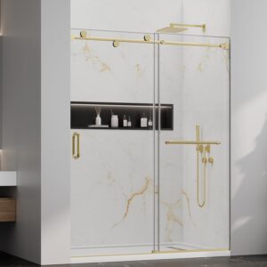 Shower Doors,56-60" W x 76" H Frameless Sliding Shower Door,5/16"(8mm) Clear SGCC Tempered Glass with Double-Sided Nano Coating,Bypass Shower Doors for Walk in Shower,Stainless Steel Hardware Gold