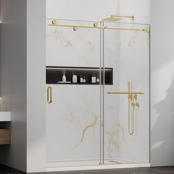 Shower Doors,56-60" W x 76" H Frameless Sliding Shower Door,5/16"(8mm) Clear SGCC Tempered Glass with Double-Sided Nano Coating,Bypass Shower Doors for Walk in Shower,Stainless Steel Hardware Gold