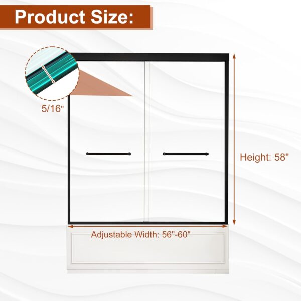 Shower Doors for Bath Tub Modern 60" W x 58" H Shower Glass Door Bath Tub Doors Glass Sliding with 1/4" (6mm) SGCC Tempered Glass and Stainless Steel Handle for Bathroom, Matte Black
