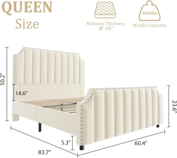 Queen Size Velvet Bed Frame, 50.2" Tall Headboard & Footboard, Upholstered Platform Queen Bed Frame with Nailhead Trim, No Box Spring Needed, Noise Free, Solid Wooden Slats, Beige