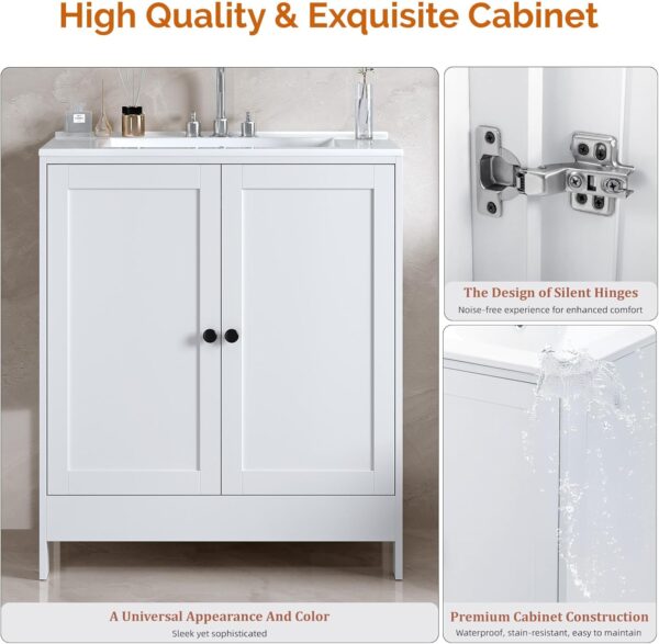 VINGLI Bathroom Vanity with Ceramic Sink, 30 Inch White Bathroom Sink Cabinet Combo, Restroom Basin Cabinet with 2 Doors,Modern Lavatory Laundry Room Freestanding Organizer w/4-Tier-Hidden Storage