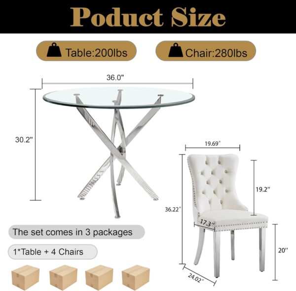 36" Round Glass Dining Table Set for 4, 5-Piece Modern Kitchen Table with 4 White Velvet Chairs, Modern Circle Leisure Table for Home Office Dining Room Small Spaces (Silver Leg)