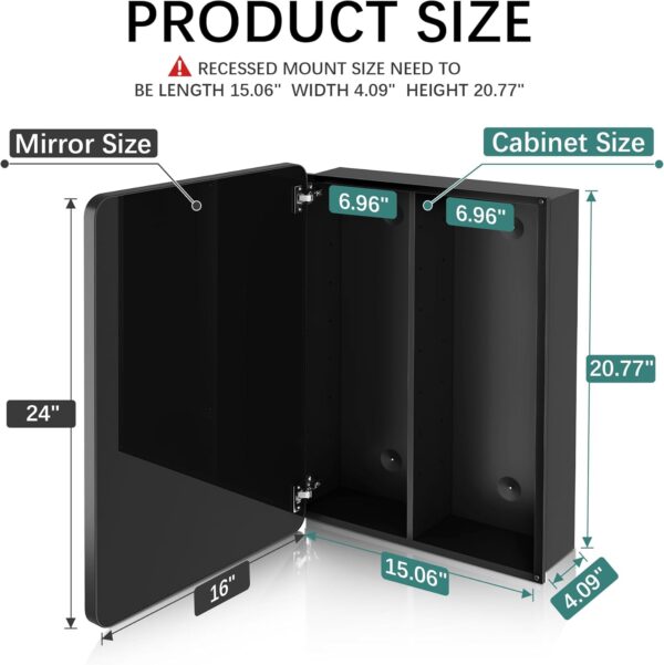 Recessed Medicine Cabinets for Bathroom with Mirror: 16x24 Wall Mount Mirrored Vanity Chest - 16 x 24 inch Small Storage Cabinet with Adjustable Shelves - Matte Black Frame