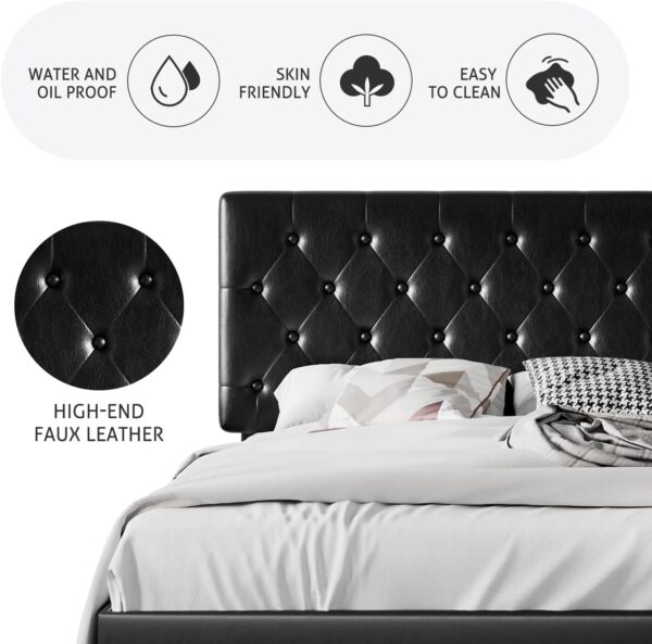 SHA CERLIN Queen Size Platform Bed Frame with Button Tufted Headboard, Faux Leather Upholstered Mattress Foundation, Wooden Slat Support, No Box Spring Needed, Black