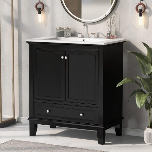 Linique 30" Modern Bathroom Vanity with Sink Combo Set, Solid Wood Frame Multi-Functional Bathroom Storage Cabinet with 2 Soft Closing Doors and a Drawer, Adjustable Shelf, Black