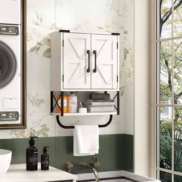 RUSTOWN Farmhouse Rustic Medicine Cabinet with Two Barn Door,Wood Wall Mounted Storage Cabinet with Adjustable Shelf and Towel Bar, 3-Tier Cabinet for Bathroom, Living Room(Vintage White)