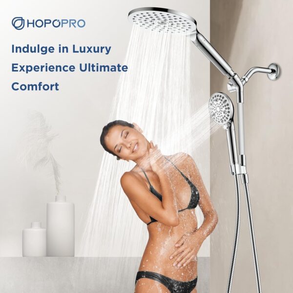 Dual Filtered Handheld Shower Heads Combo, HOPOPRO 15-Mode High Pressure Rainfall Showerheads Combo Set with Filter, for Hard Water, Removes Chlorine, Improves Skin Hair Condition, Chrome