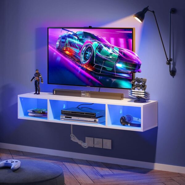 Rolanstar TV Stand with Power Outlet, Floating TV Stand with RGB Lights, 55.1" Wall Mounted TV Shelf, White Media Console with Storage Shelf, Entertainment Shelf Under TV for Living Room, Bedroom
