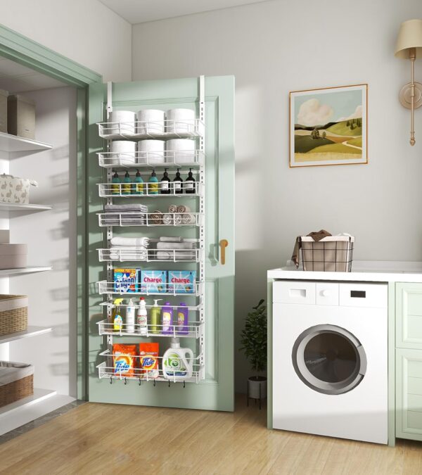 Over The Door Pantry Organizer, Wall Mount Spice Rack, Pantry Hanging Storage and Organization, 8 Adjustable Baskets Heavy-Duty Metal for Home & Kitchen, Back of Door Seasoning Rack - White