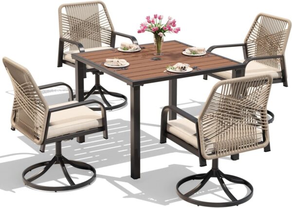 MELLCOM 5-Piece Outdoor Dining Set, 4 Swivel Rattan Chairs with Thick Cushions & Square Dining Table with Umbrella Hole, Patio Furniture Set for Porch, Garden, Backyard, Poolside, Deck, Beige