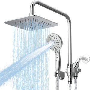 8" Dual Shower Head Combo, High Pressure Rainfall Shower Head with Handheld, 6 Spray Settings Angle Adjustable Handheld Shower Head with Pause, Height Adjustable, Chrome Silver