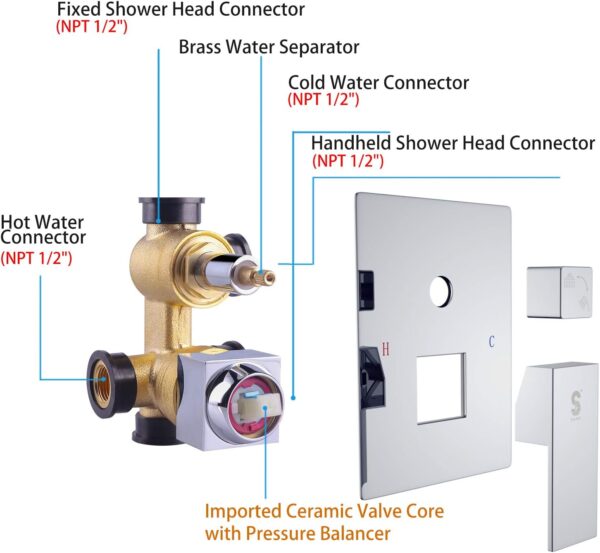 SR SUN RISE 12 Inches All Metal Square Shower System with Tub Spout, Tub Shower Faucet Set, High Pressure Rain Shower Head and Handheld Sprayer Combo Shower Fixtues, Valve Included, Polished Chrome