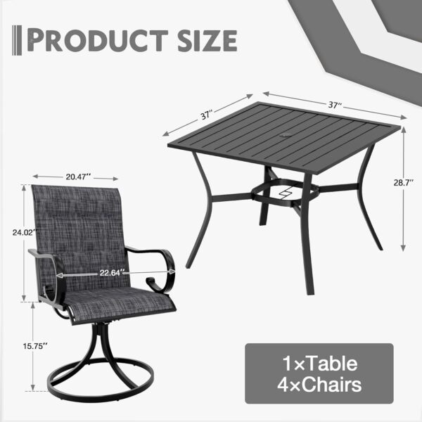MELLCOM 5-Piece Outdoor Dining Set, 4 Swivel Rocker Chairs with High Back Textilene & Square Metal Dining Table with Umbrella Hole, Patio Furniture Set for Porch, Garden, Backyard, Deck, Grey