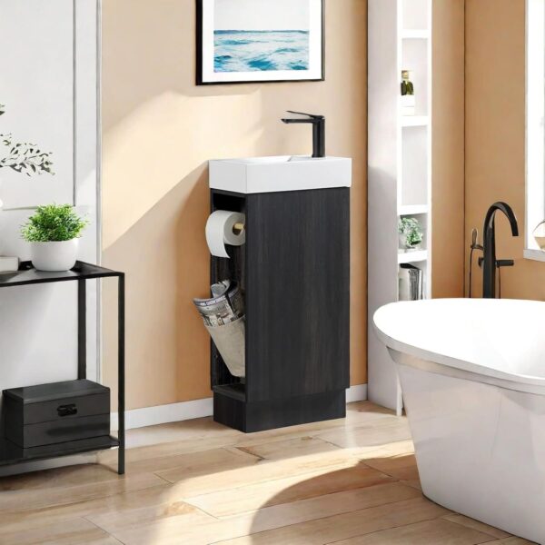 16“ Bathroom Vanity Sink Combo for Small Space, Modern Floor Standing Small Bathroom Vanity with Sink, Bathroom Cabinet Set with 2 Toilet Paper Holders, Black Wallnut